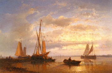 Boat Painting - Dutch Fishing Vessels In A Calm At Sunset Abraham Hulk Snr boat seascape